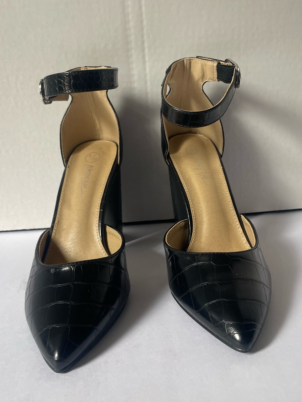 Black Croc-Embossed Ankle-Strap Pointed-Toe Heels